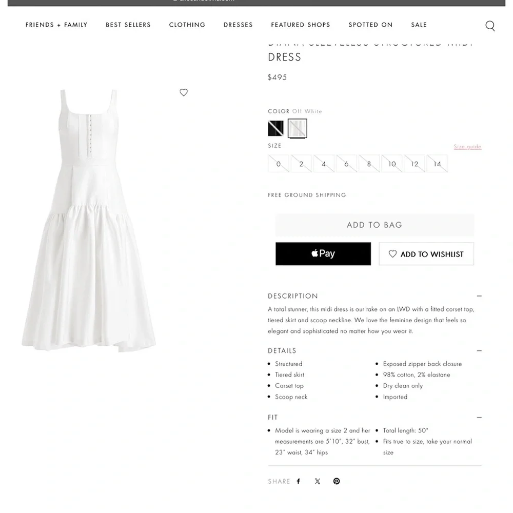 Alice + Olivia Diana Off White Sleeveless Structured Midi Dress